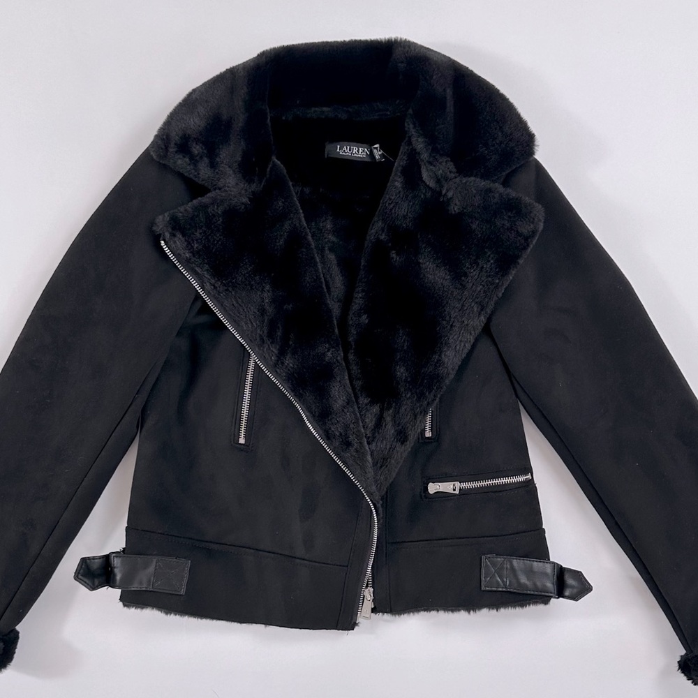 Lauren Ralph Lauren Black Faux Suede Double Breasted Bomber Jacket - Women’s XS
